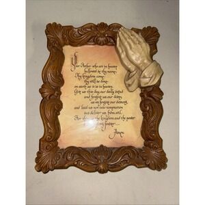 Lords Prayer Wall Art 3D Praying Hands Frame Resin Faux Wood 10.5x13" Religious